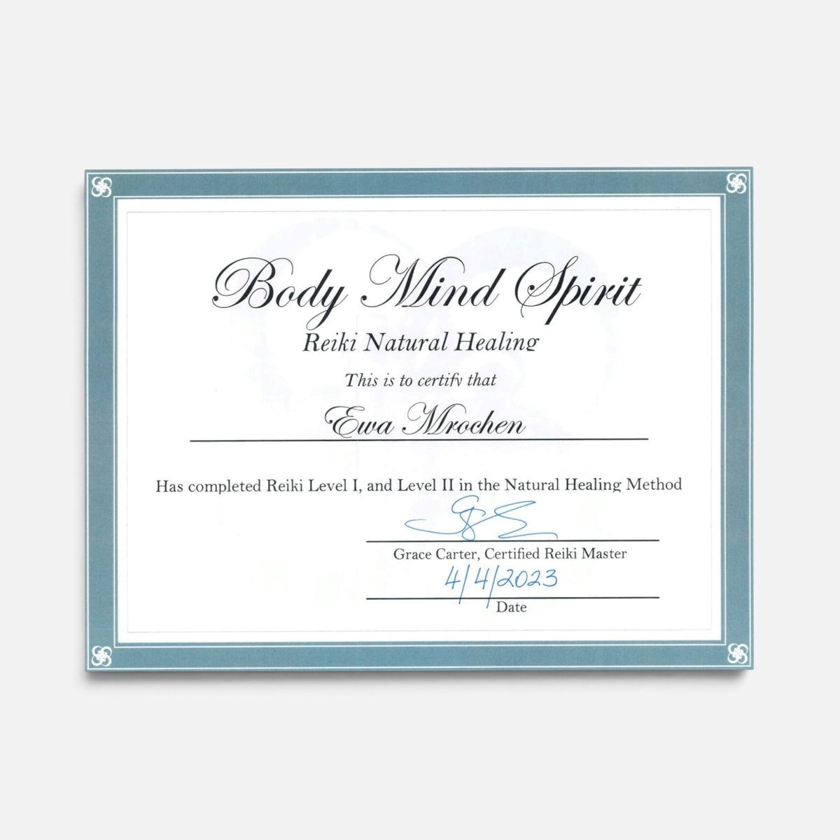 Certyfikat reiki Ewa Mrochen Healer