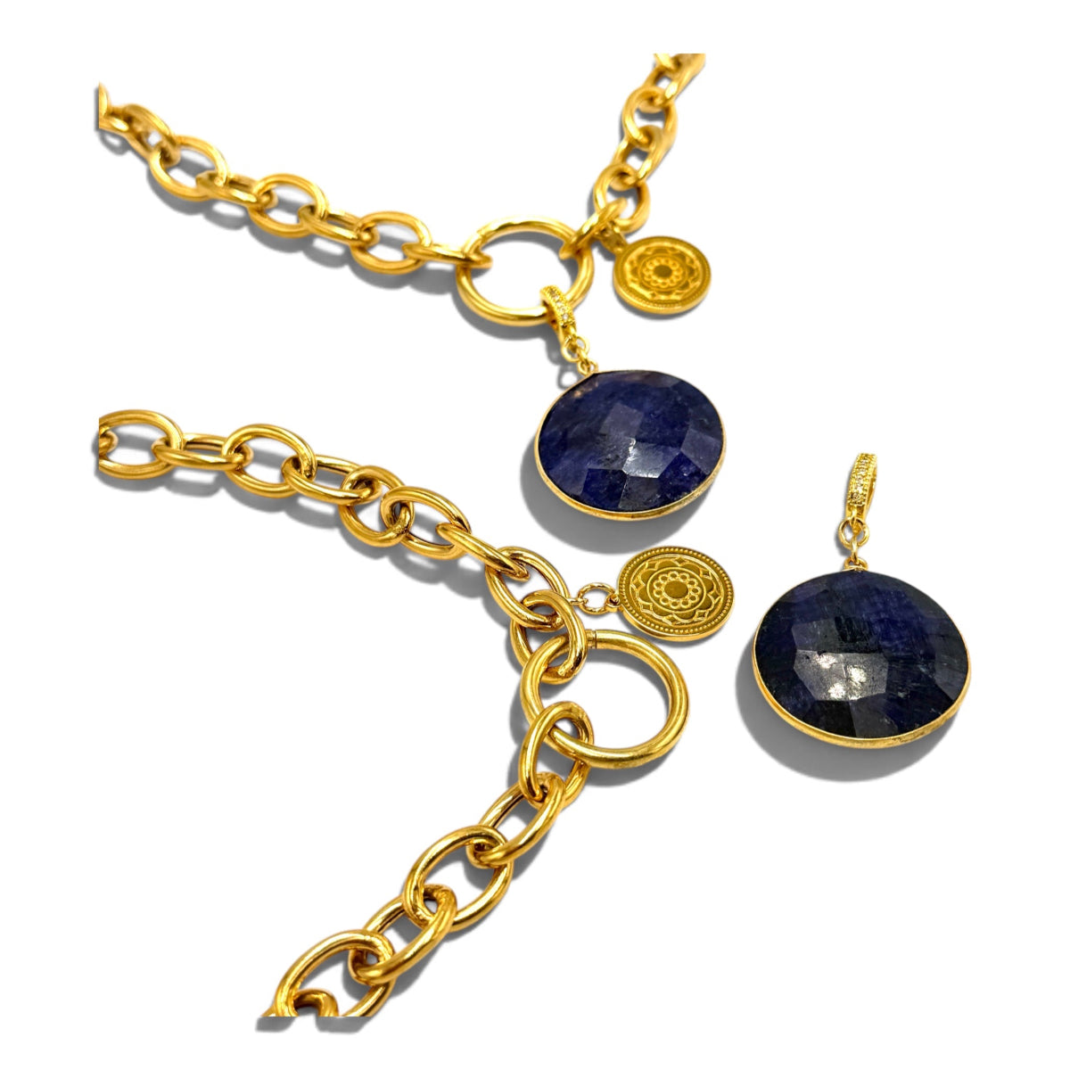 Naszyjnik Ewa Mrochen Jewellery z dużym szafirem Imperial na delikatnym łańcuszku, elegancki biżuteria z niebieskim kamieniem.