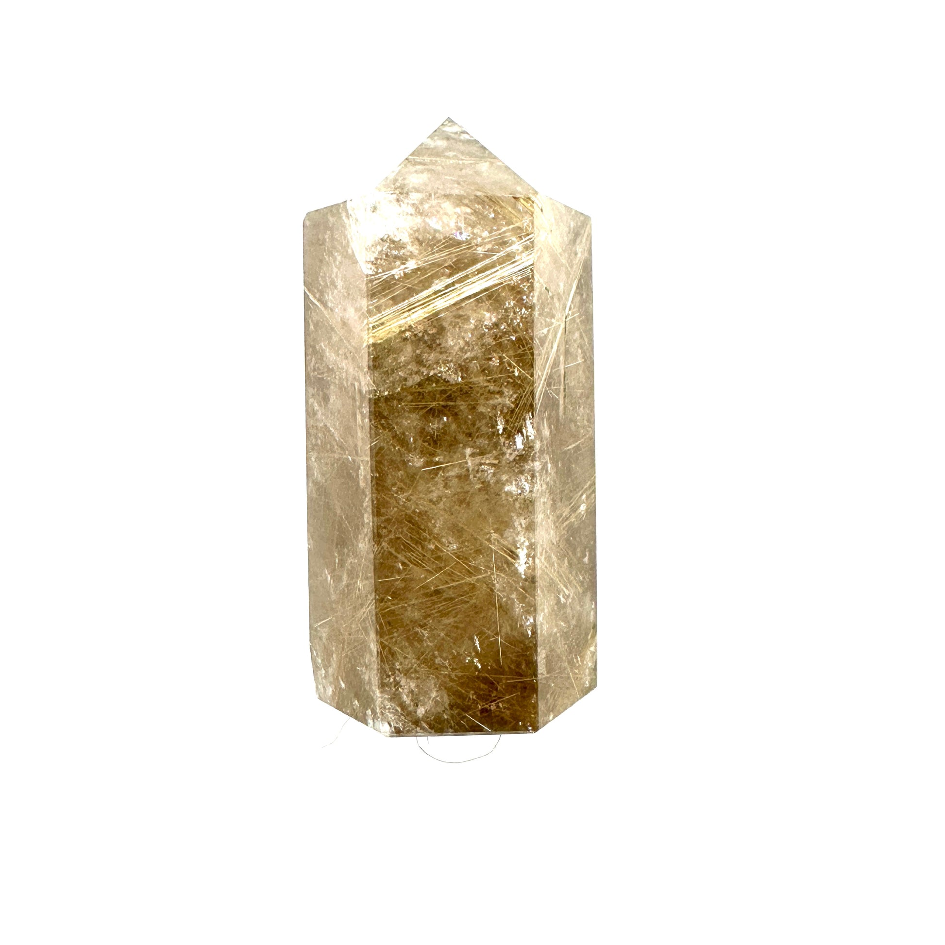 Amulet z kwarcu z rutylem Ewa Mrochen Jewellery, amulet pomyślności, widoczny kamień z naturalnymi igłami rutylu