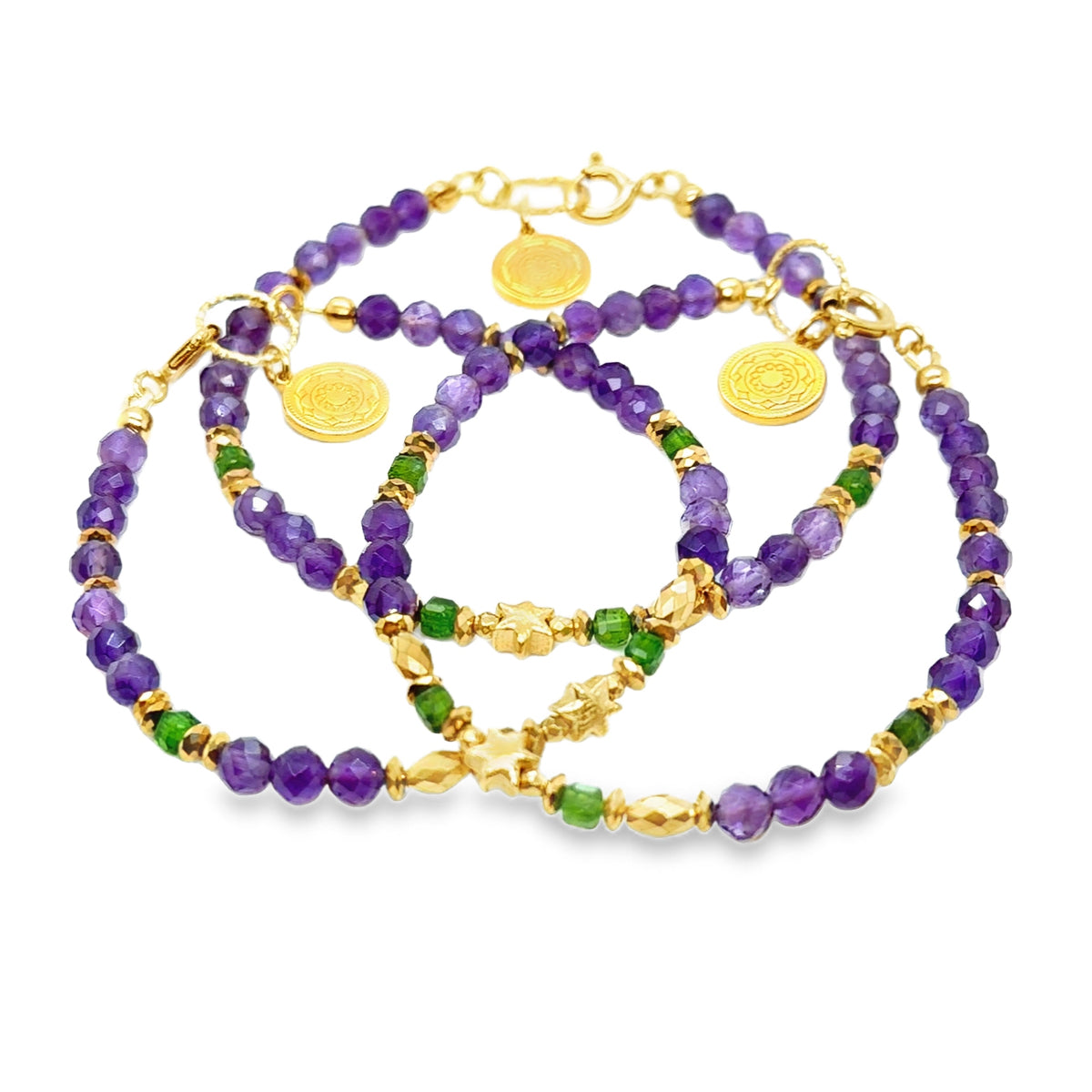 Bransoletka z ametystem i diopsydem marki Ewa Mrochen Jewellery z gwiazdo kształtem, eleganckie naturalne kamienie.
