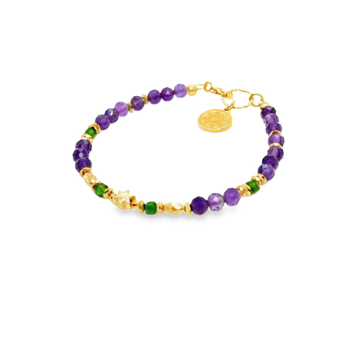 Bransoletka Ewa Mrochen Jewellery z ametystem i diopsydem, delikatna biżuteria na nadgarstek, naturalny design z kamieniami szlachetnymi