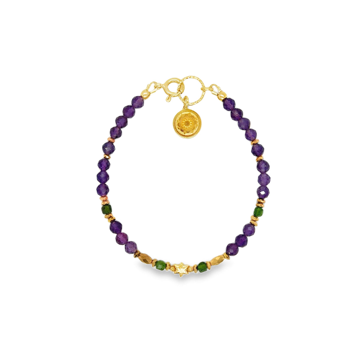 Bransoletka z ametystem i diopsydem marki Ewa Mrochen Jewellery, zapinana na eleganckim zapięciu, ozdobny design.
