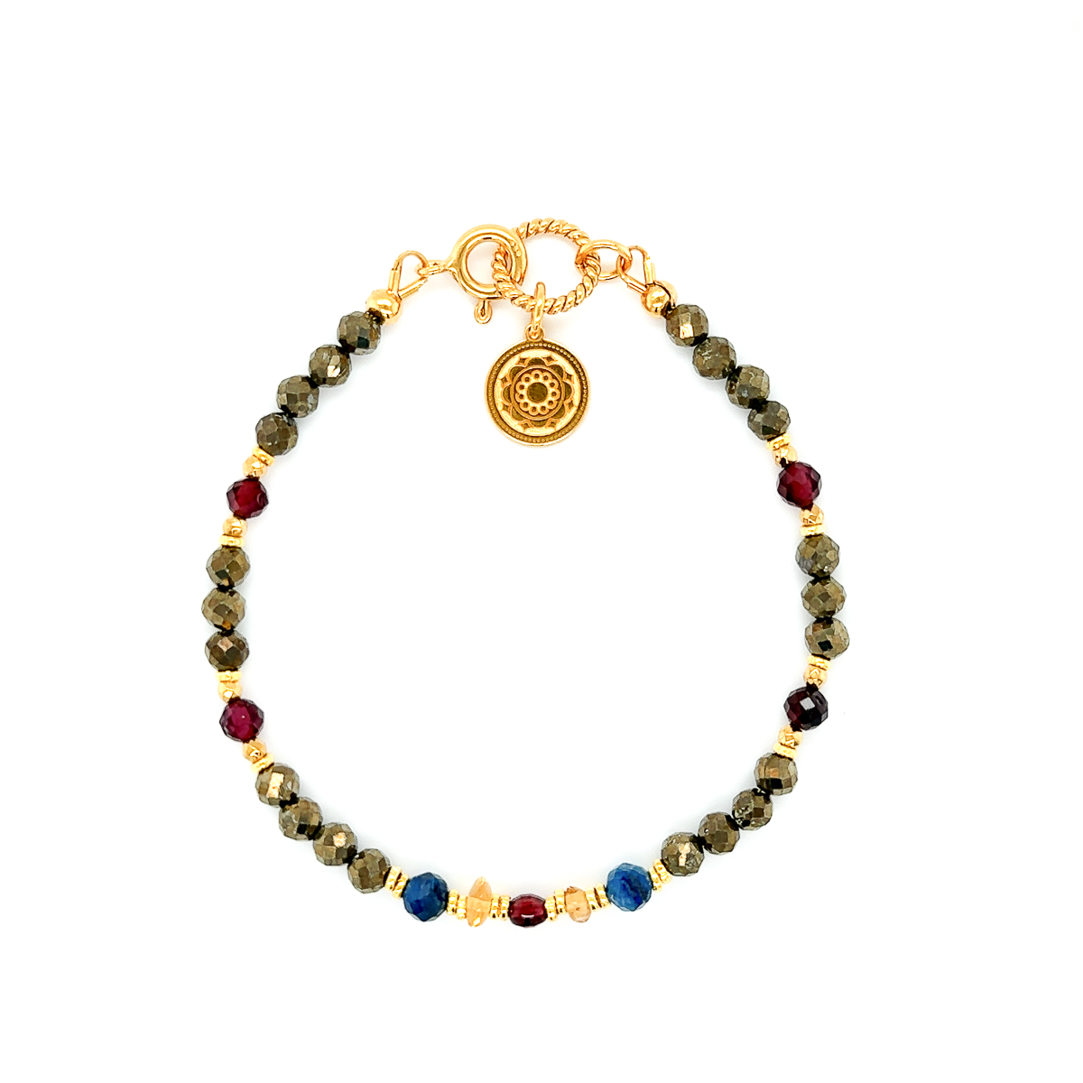 Bransoletka Ewa Mrochen Jewellery z pirytami, kyanitami, cytrynami i granatami na ogrody spokoju i zmysłów, kamienie naturalne.