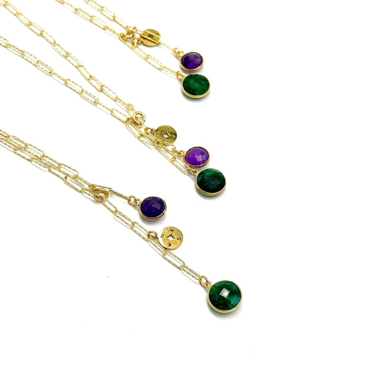 Szmaragd i ametyst naszyjnik kompas serca od Ewa Mrochen Jewellery, biżuteria z kamieniami szlachetnymi na łańcuszku
