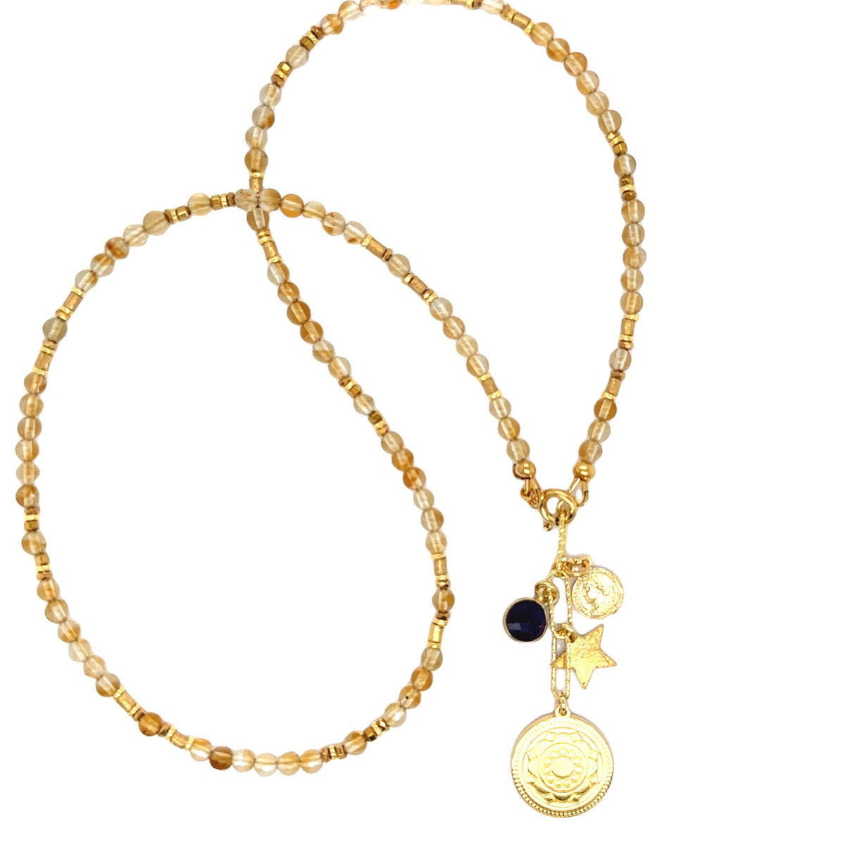 Naszyjnik Cytryn Słoneczny Nastrój od Ewa Mrochen Jewellery, złoty łańcuszek z dużym, żółtym kamieniem cytrynu w naturalnym świetle