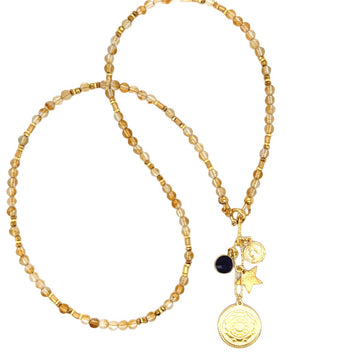 Naszyjnik Cytryn Słoneczny Nastrój od Ewa Mrochen Jewellery, złoty łańcuszek z dużym, żółtym kamieniem cytrynu w naturalnym świetle