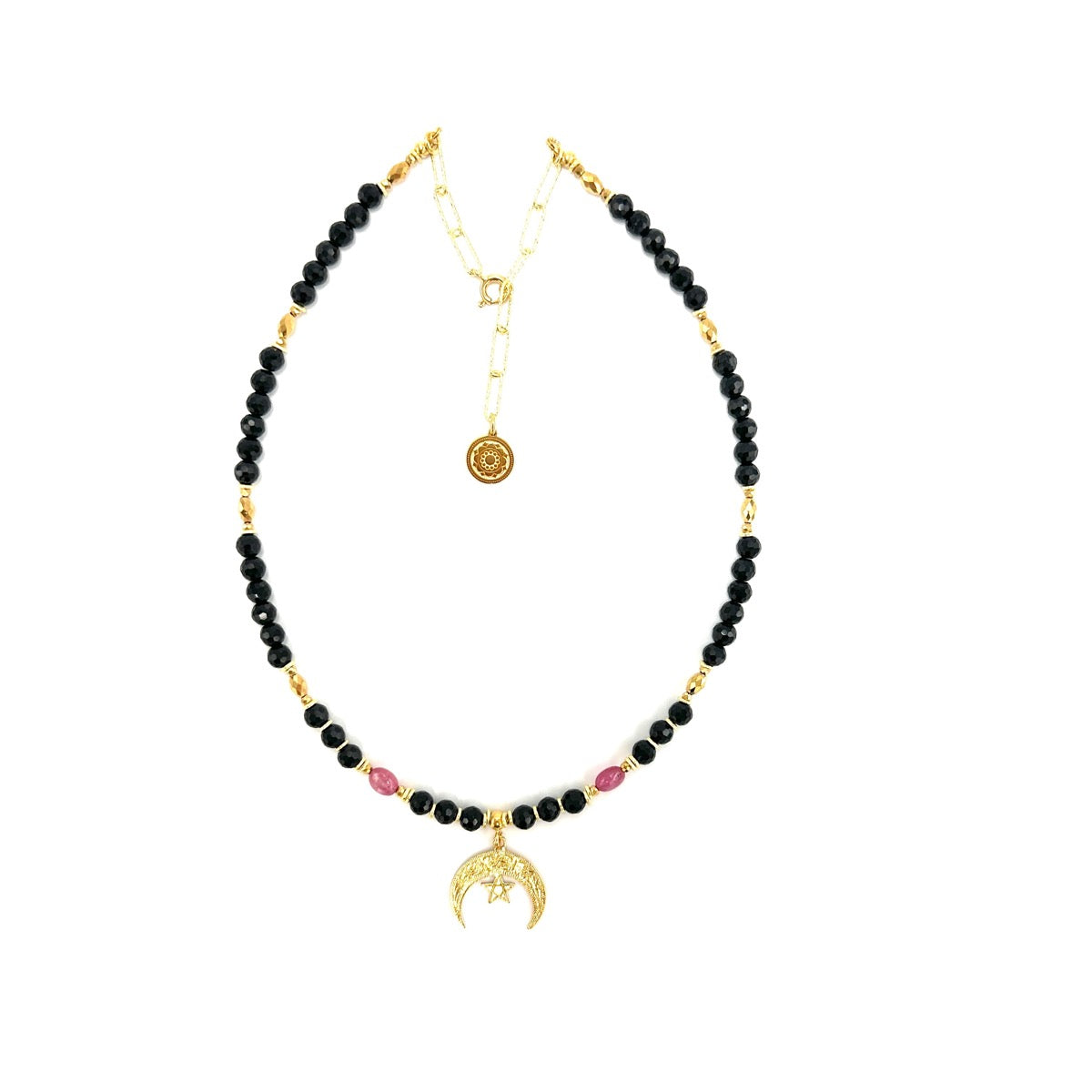 Czarny spinel i rubin, naszyjnik Ewa Mrochen Jewellery, elegancki i energetyczny, z zawieszką z kamieni naturalnych.