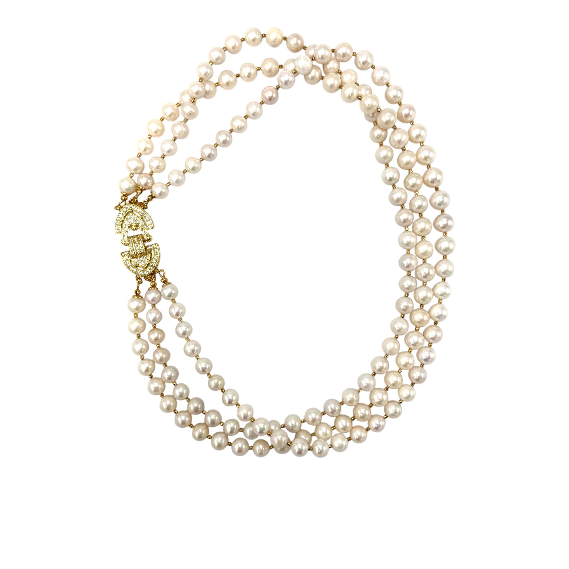 Złoty naszyjnik z perełami Złote Czasy od Ewa Mrochen Jewellery, elegancki i delikatny dodatek do sukni lub stroju codziennego