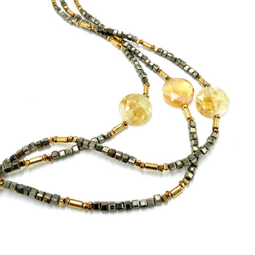 Naszyjnik z pirytu i cytrynu Ewa Mrochen Jewellery, kamienie energetyczne, elegancki biżuteria z magicznym blaskiem i bogactwem