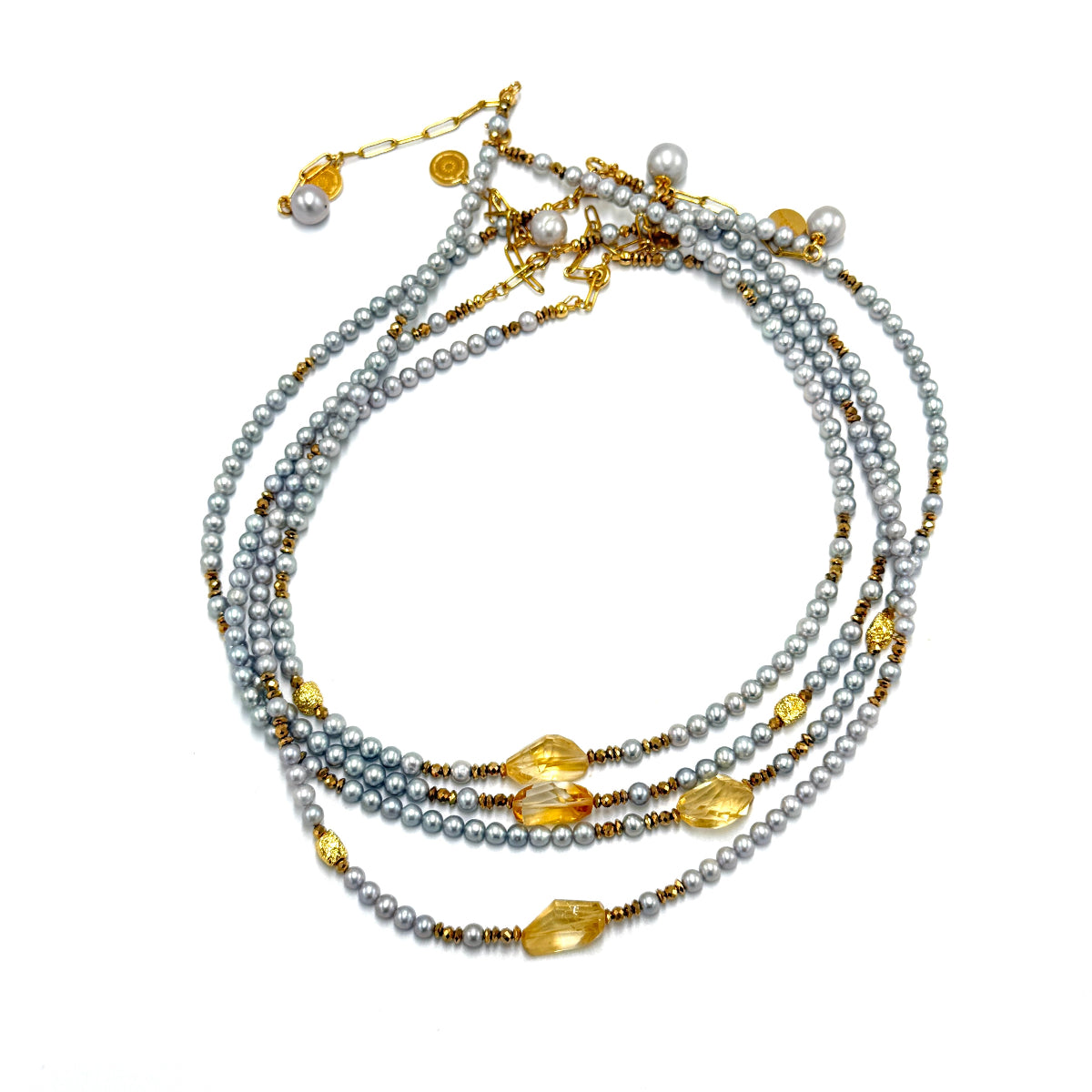 Naszyjnik Ewa Mrochen Jewellery z srebrzystą perłą i cytrynem, unikatowy biżuteria z naturalnych pereł i cytrynem.