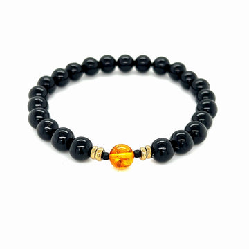 Męska bransoletka Ewa Mrochen Jewellery z czarnym turmalinem i bursztynem, elegancki dodatek do stylizacji.