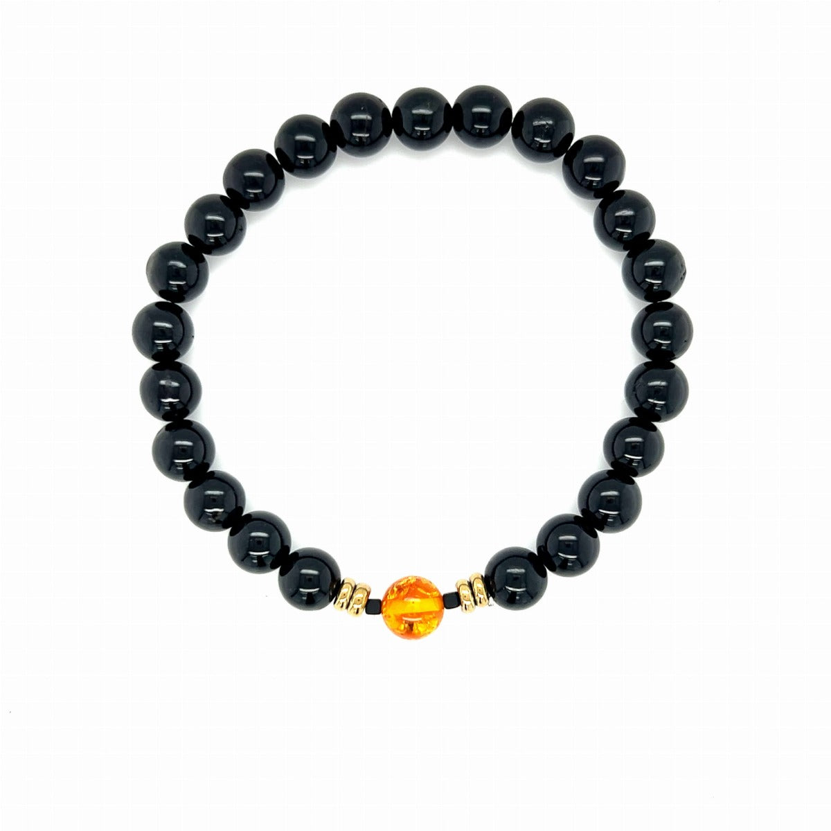 Męska bransoletka Ewa Mrochen Jewellery z czarnym turmalinem i bursztynem, elegancki design, natural kamienie, autorska biżuteria.