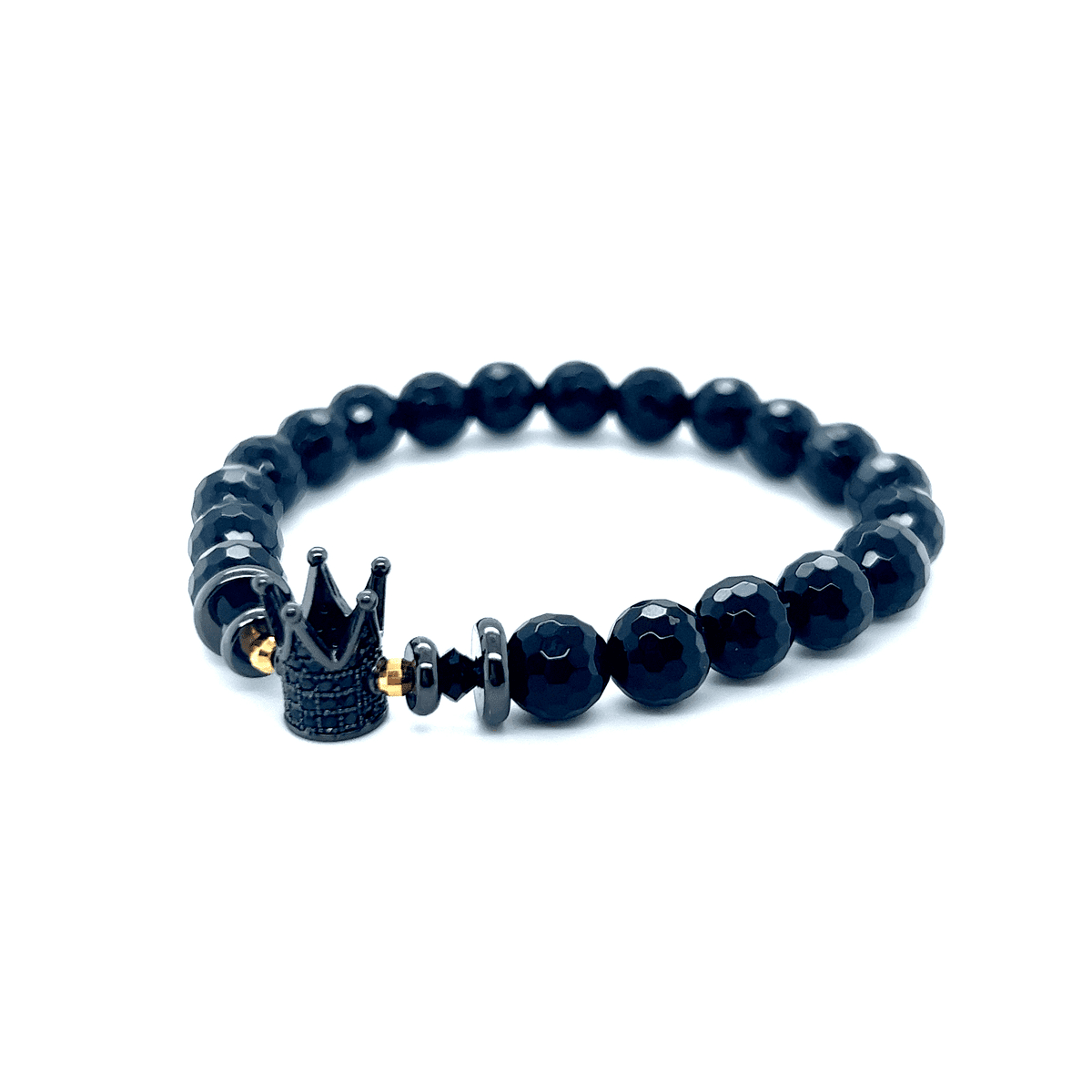 Czarna bransoletka z turmalinem od Ewa Mrochen Jewellery, ozdobiona koroną Królowej, na 15 cm nadgarstek.