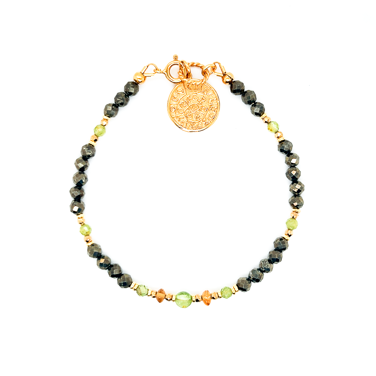 Bransoletka Ewa Mrochen Jewellery z pirytami, cytrynem i peridotem, z magnesem, na 15 cm, kamienie bogactwa.