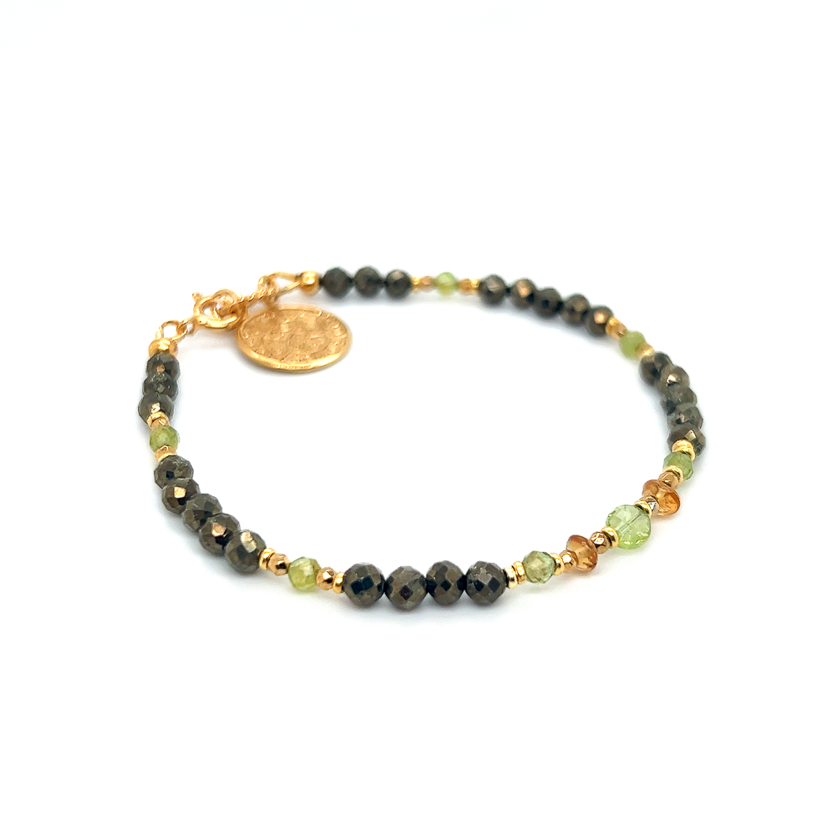 Bransoletka Ewa Mrochen Jewellery z pirytami, cytrynem i peridotem na magnes, symbol bogactwa i ochrony, długość 15 cm
