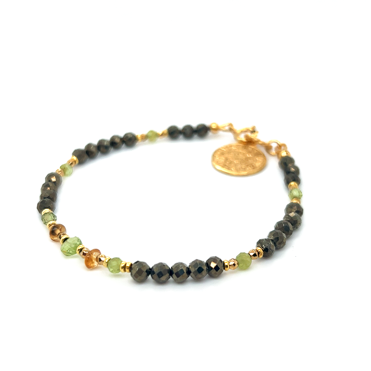 Bransoletka Ewa Mrochen Jewelry z piryt, cytryn i peridot z magnesem, symbol bogactwa i energii, na 15 cm.