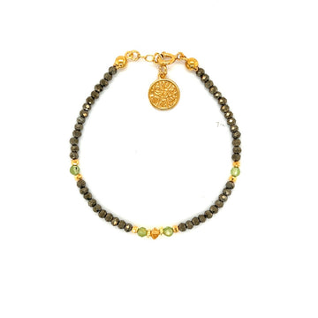 Bransoletka Ewa Mrochen Jewellery z cyrkoniami, oliwinem i pirytami, ozdobna biżuteria na nadgarstek w naturalnym stylu