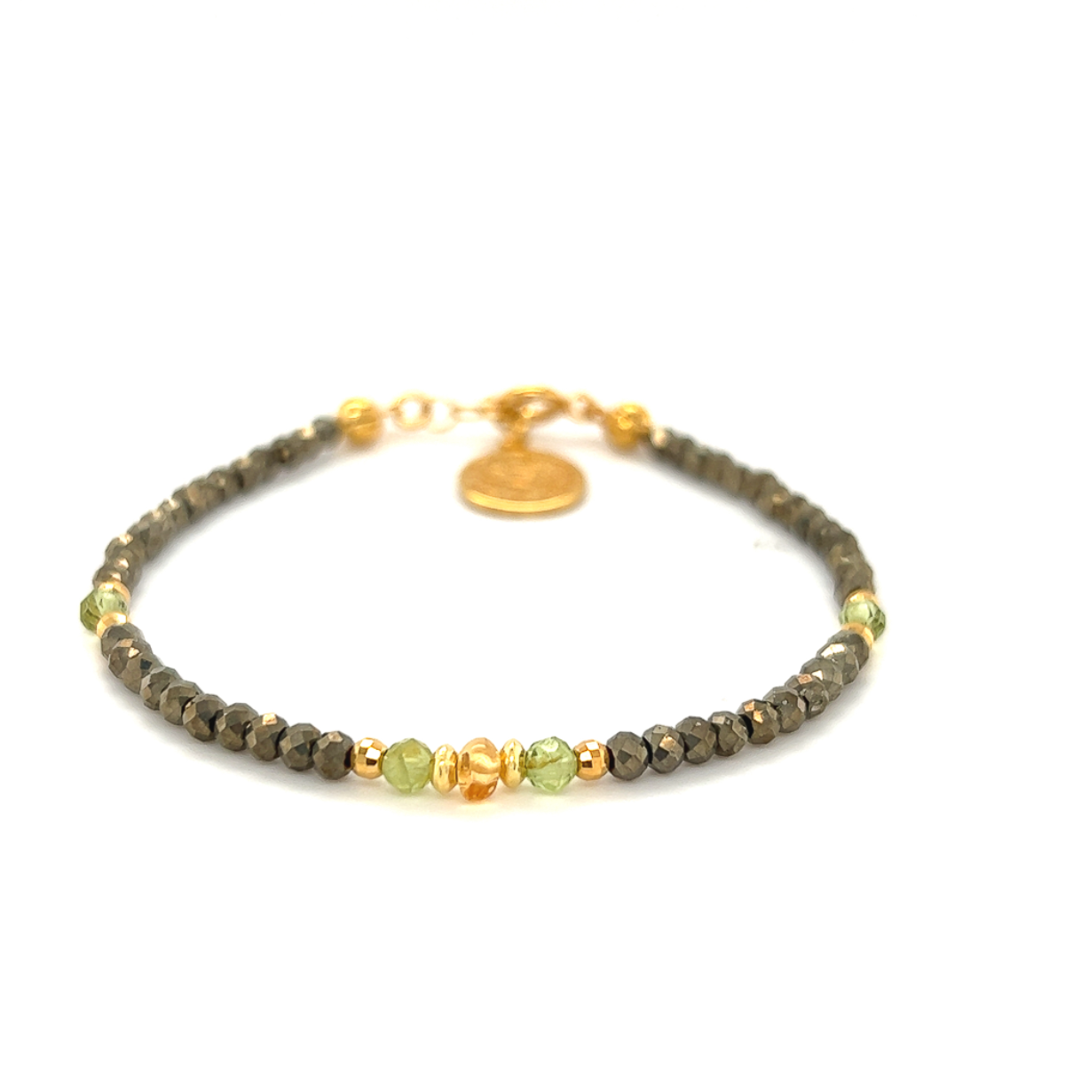 Bransoletka Ewa Mrochen Jewellery z cyrkoniami, oliwinem i pirytami, ozdobny naszyjnik z kamieniami naturalnymi.
