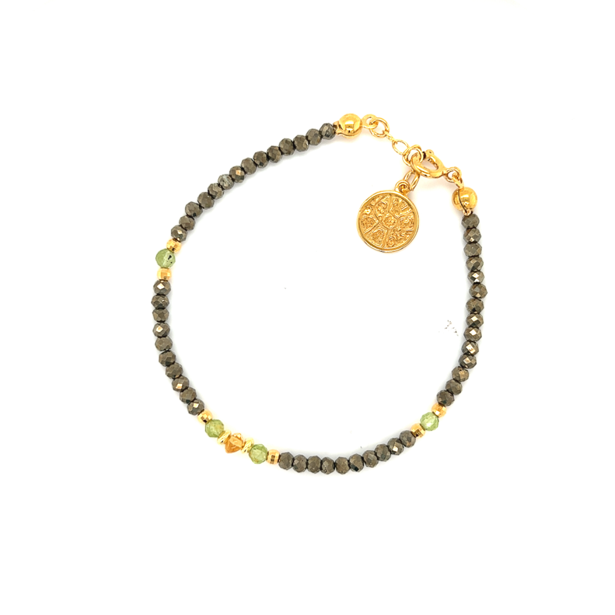 Bransoletka Ewa Mrochen Jewellery z cyrkoniami, oliwinem i pirytami, ozdobna biżuteria na nadgarstek.