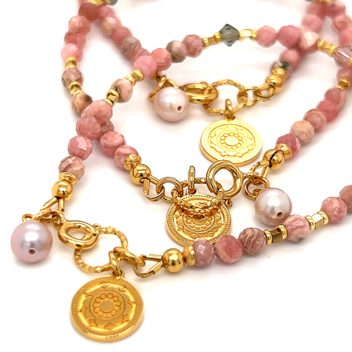 Ewa Mrochen Jewellery, bransoletka Rodochrozyt Sensualna, ozdobny naszyjnik z różowym kamieniem i delikatnym designem