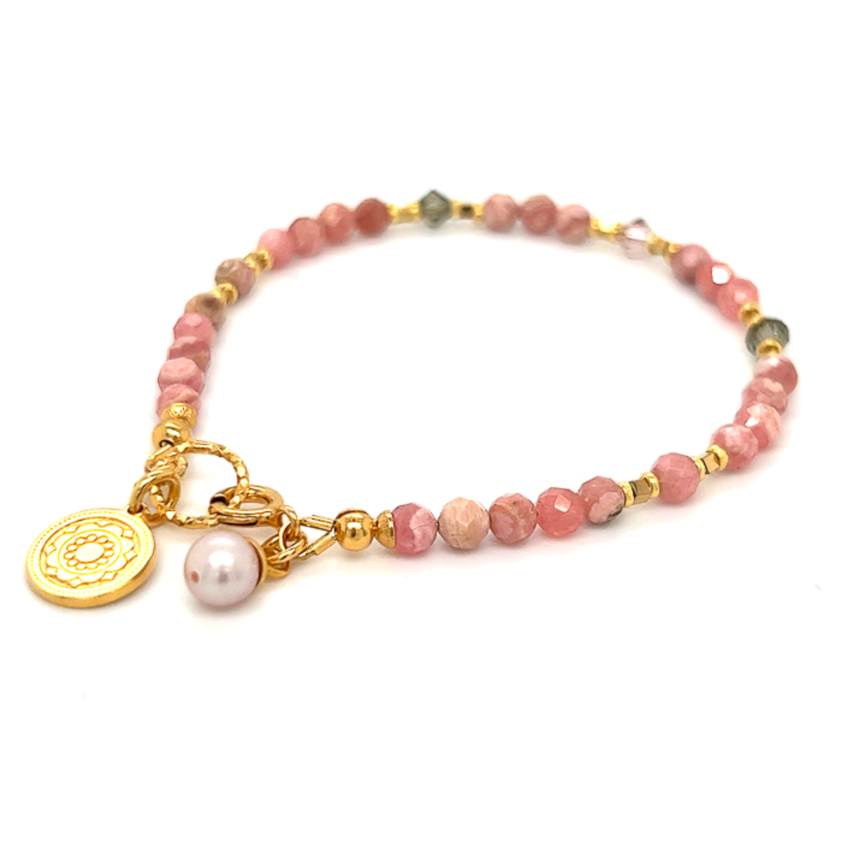 Ewa Mrochen Jewellery Rodochrozyt bransoletka Sensualna na nadgarstku, elegancka biżuteria z różowym kamieniem.
