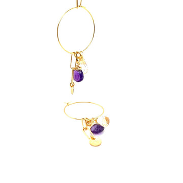 Kolczyki Ewa Mrochen Jewellery z cytrynem i ametystem, eleganckie ozdoby na co dzień, widok z przodu na jasne kamienie.