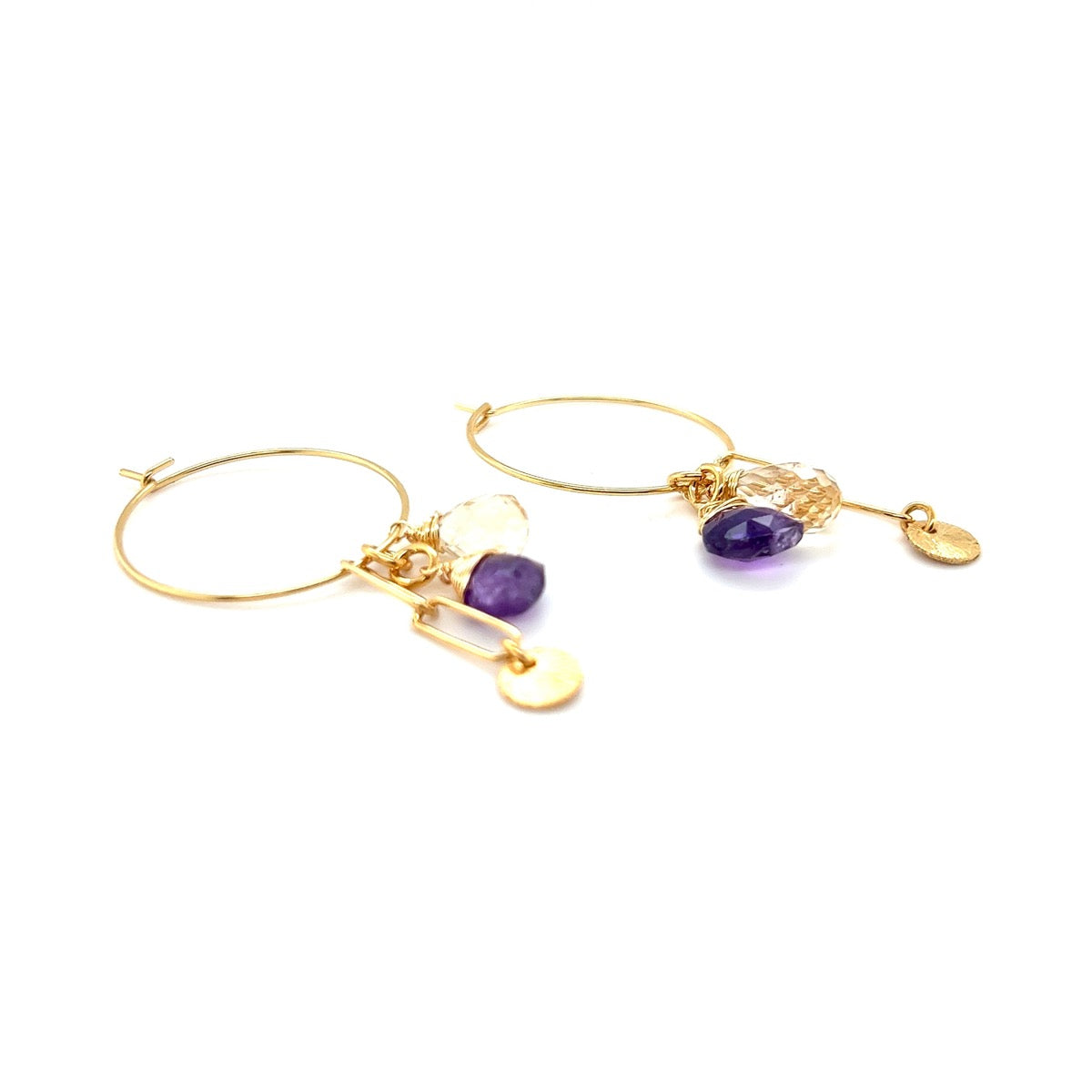 Kolczyki Ewa Mrochen Jewellery z cytrynem i ametystem, eleganckie kolczyki w stylu Sunny Day, złote i kolorowe kamienie.
