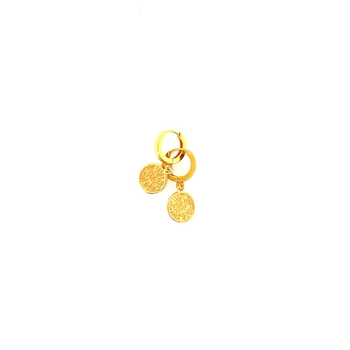 Kolczyki z monetą marki Ewa Mrochen Jewellery, złote kolczyki na sztyfcie z ozdobną monetą, elegancka biżuteria damska