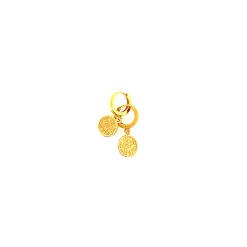 Kolczyki z monetą marki Ewa Mrochen Jewellery, złote kolczyki na sztyfcie z ozdobną monetą, elegancka biżuteria damska