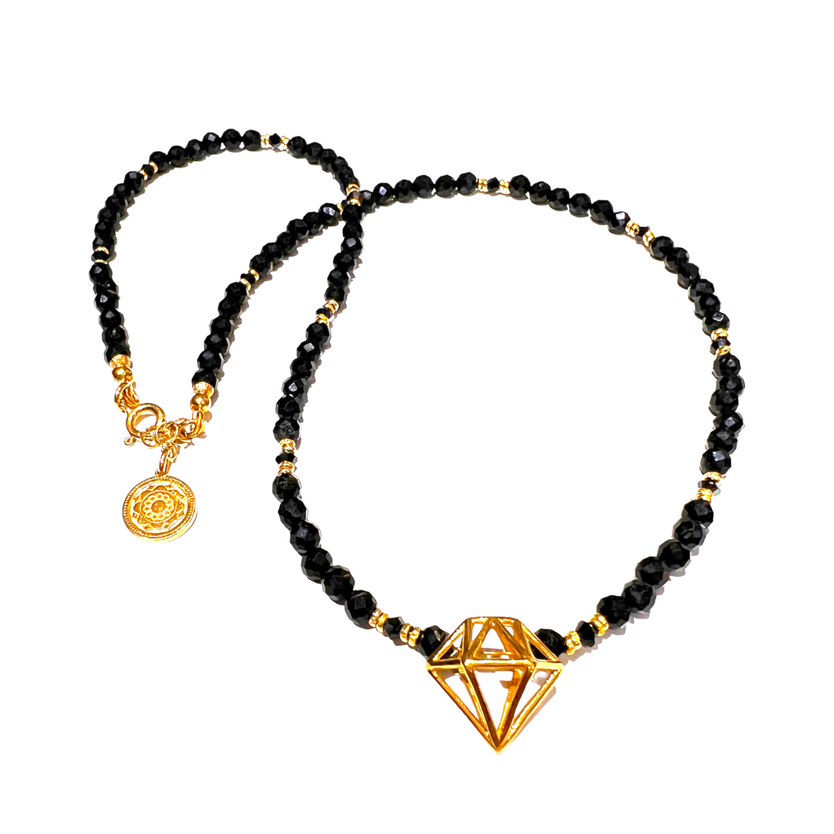 Czarny turmalin i diamentowy naszyjnik od Ewa Mrochen Jewellery, elegancki i luksusowy, ozdobny naszyjnik na szyję