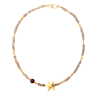 Naszyjnik z kwarcu dymnego od Ewa Mrochen Jewellery, elegancki klejnot wspierający, widoczny na zdjęciu.