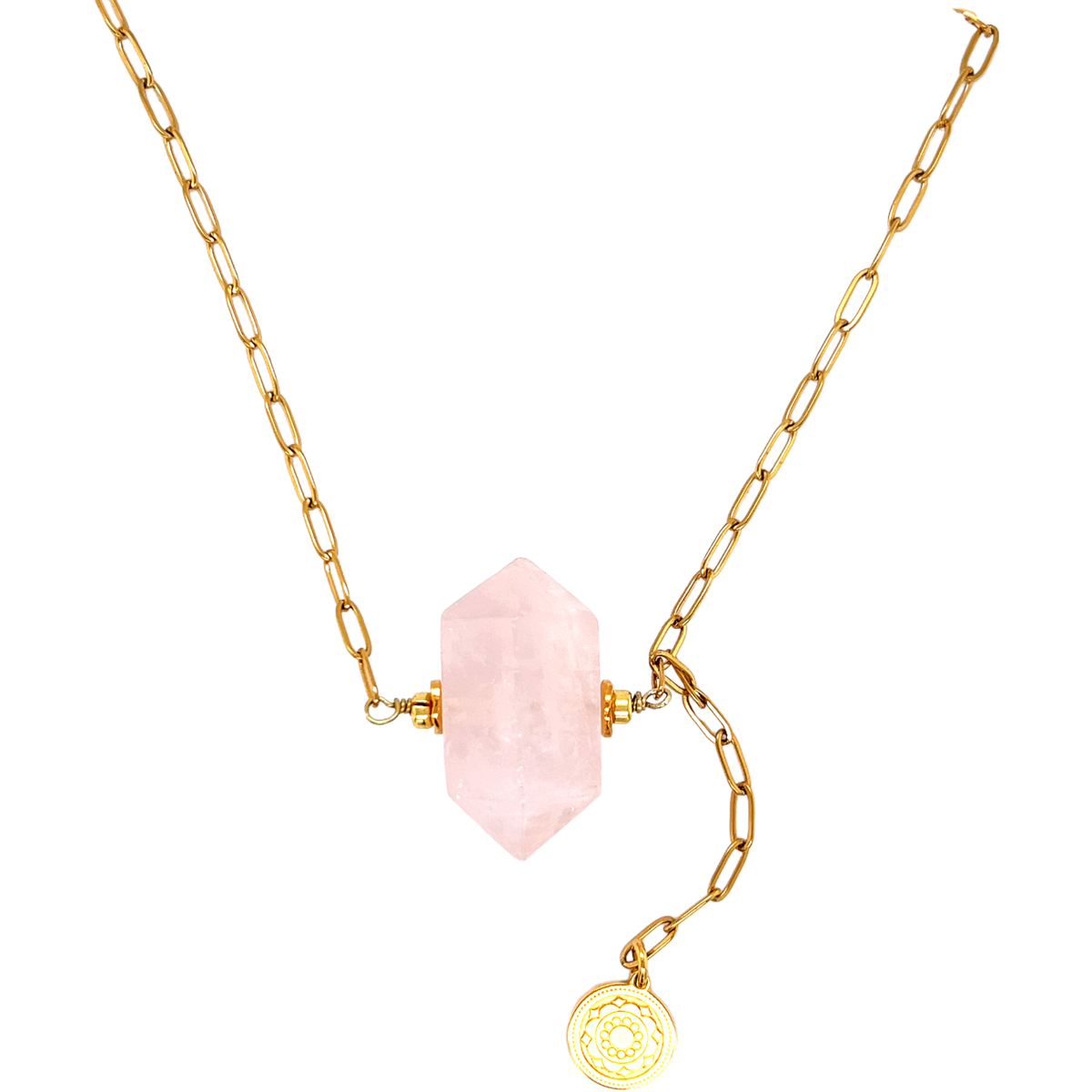Naszyjnik z kwarcem różowym Amulet Miłości marki Ewa Mrochen Jewellery, z różowym kryształem i delikatnym łańcuszkiem