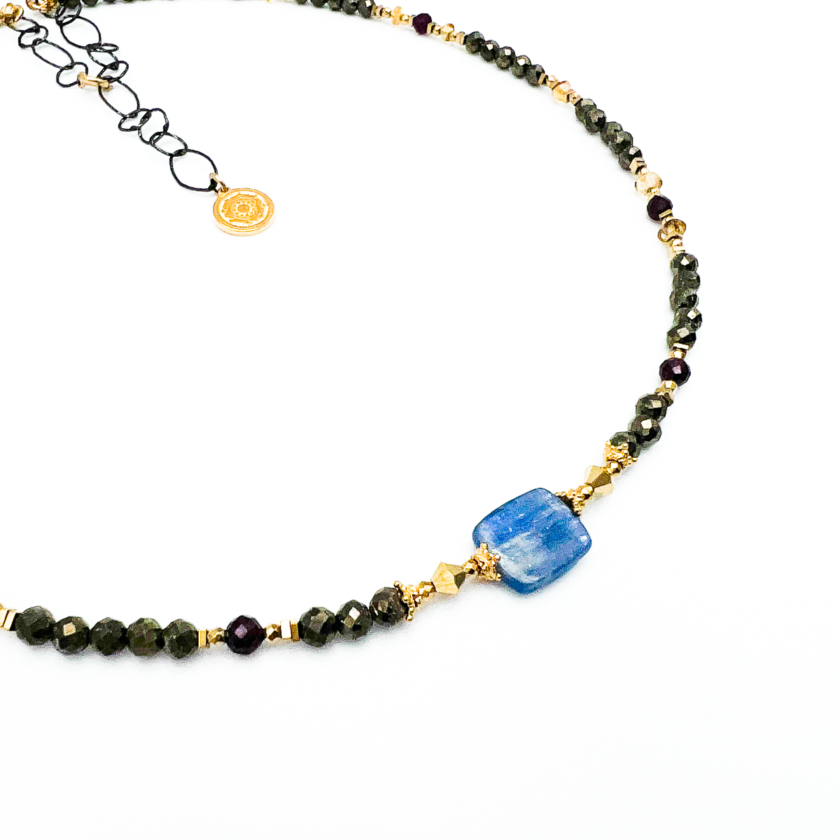 Naszyjnik Ewa Mrochen Jewellery z pirytu, kyanitu i cytrynu, elegancki biżuteria na co dzień i specjalne okazje