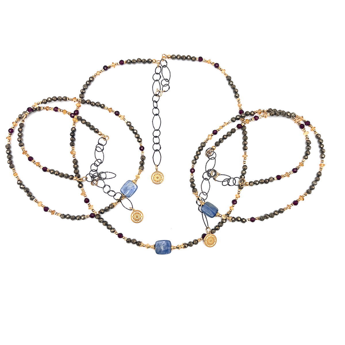 Naszyjnik z pirytu, kyanitu i cytrynu od Ewa Mrochen Jewellery, ozdobny naszyjnik z kamieniami naturalnymi.